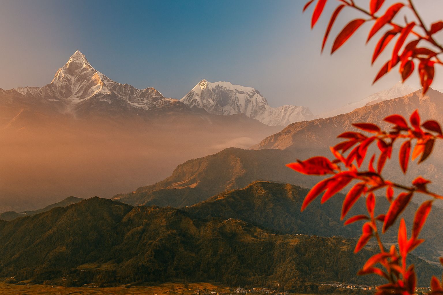 Nepal landscape with mountains and river