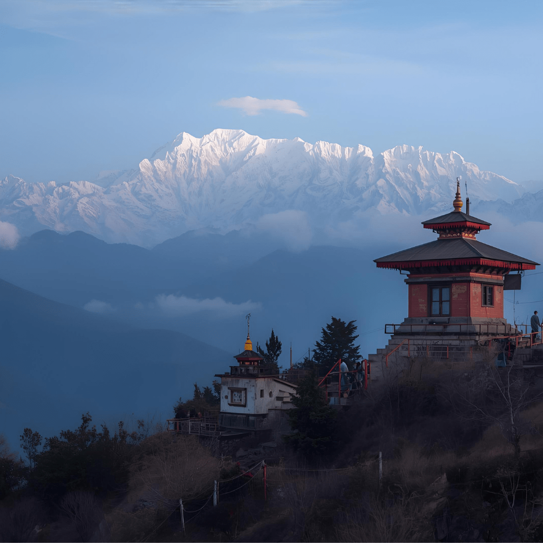 Nepal Himalayas with snow-capped peaks and traditional stupa